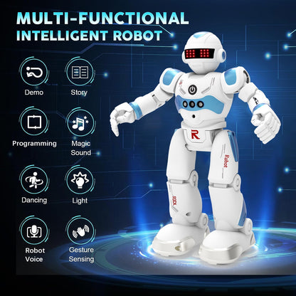 Remote Control Intelligent Robot Toys for Kids,Gesture Control Programmable Smart Educational Robot Toy with 6 Stories for Ages 3+ Boys Girls,Blue