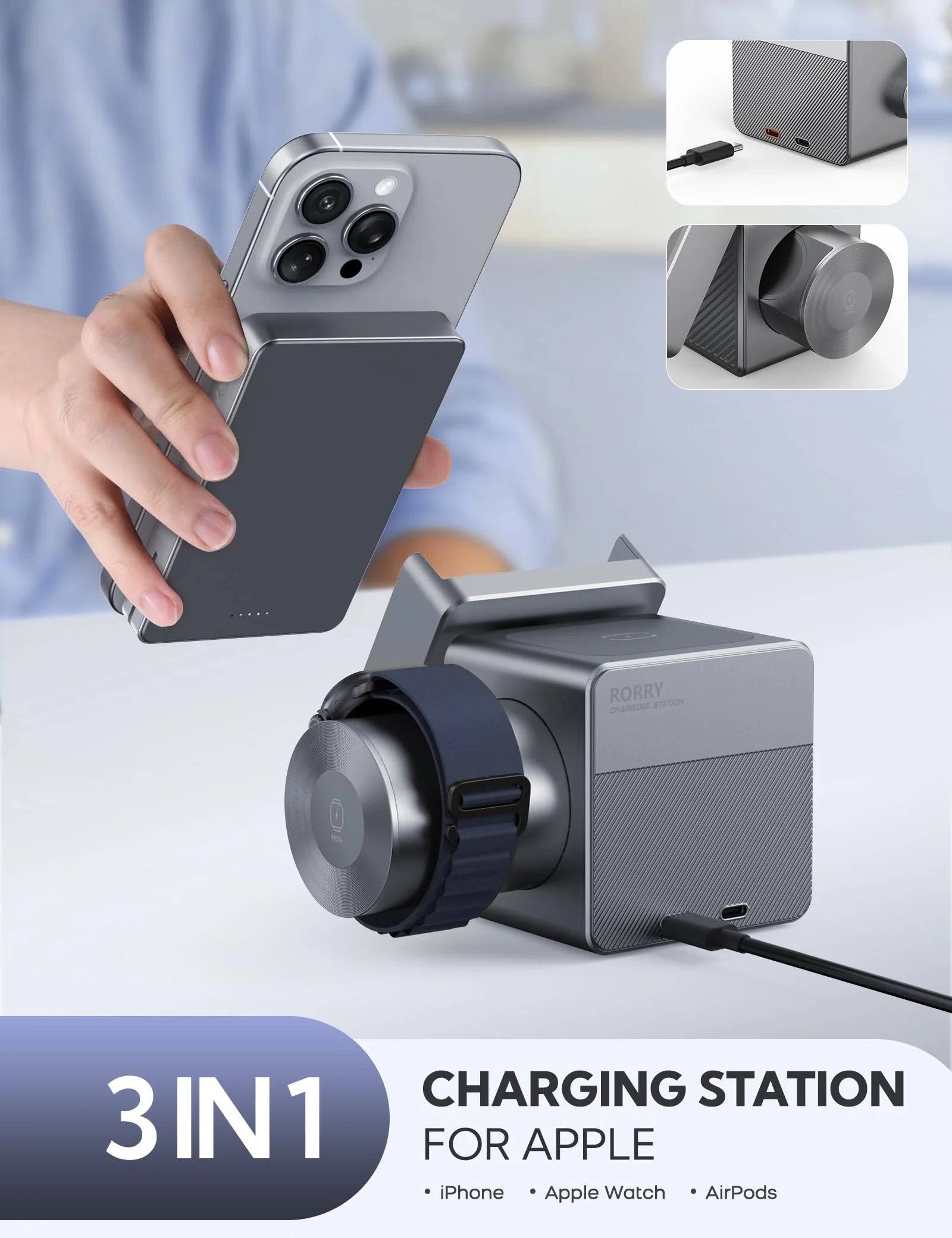 4 in 1 Wireless Charging Station Cube with 10000Mah Power Bank, 15W Fast Charger Stand Compatible with Iphone 16/15/14 & Apple Watch & Airpods (45W USB C Charger Adapter Included)