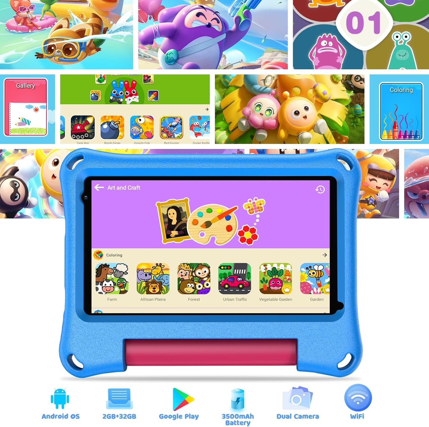 7 Inch Kids Tablet, Tablet for Kids with 32GB, Wifi Camera Bluetooth 2GB RAM Eye Protection HD IPS Touch Screen 1024X600 Kid-Proof Case Parental Control Blue