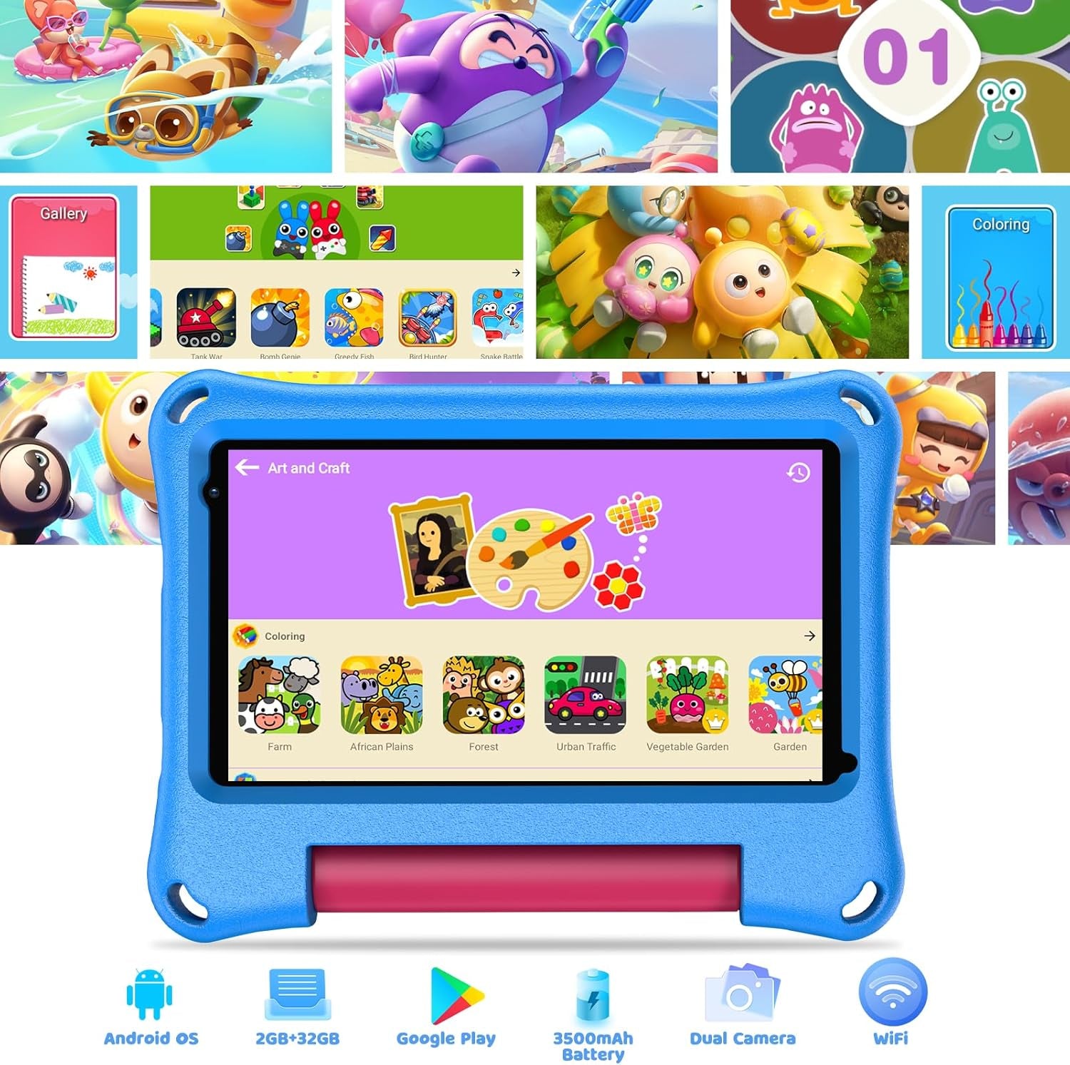 7 Inch Kids Tablet, Tablet for Kids with 32GB, Wifi Camera Bluetooth 2GB RAM Eye Protection HD IPS Touch Screen 1024X600 Kid-Proof Case Parental Control Blue