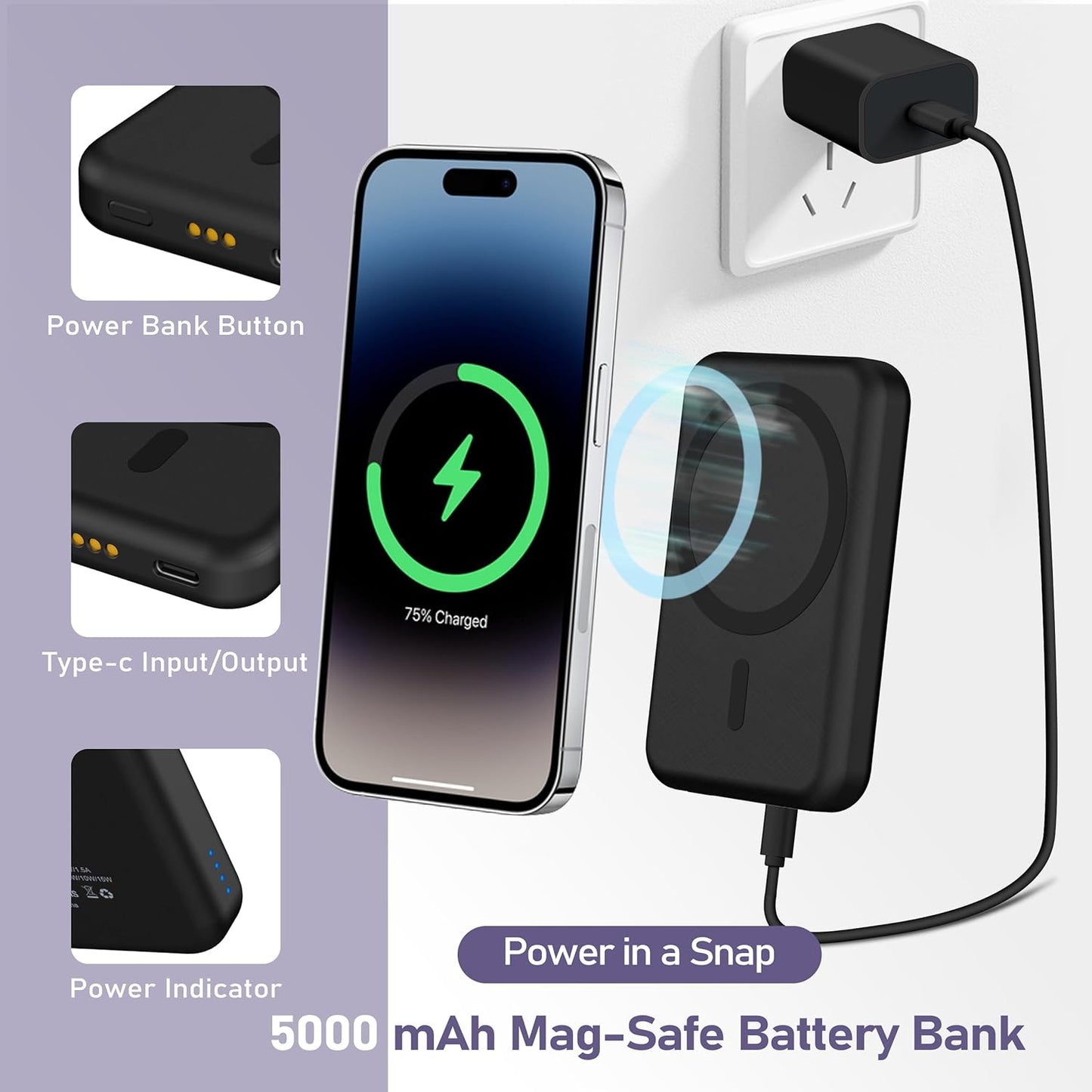 Ultimate 3-in-1 Wireless Charging Station with 5000mAh Removable Power Bank for iPhone, Apple Watch, and AirPods - Portable Magnetic Battery Pack for All Your Apple Devices