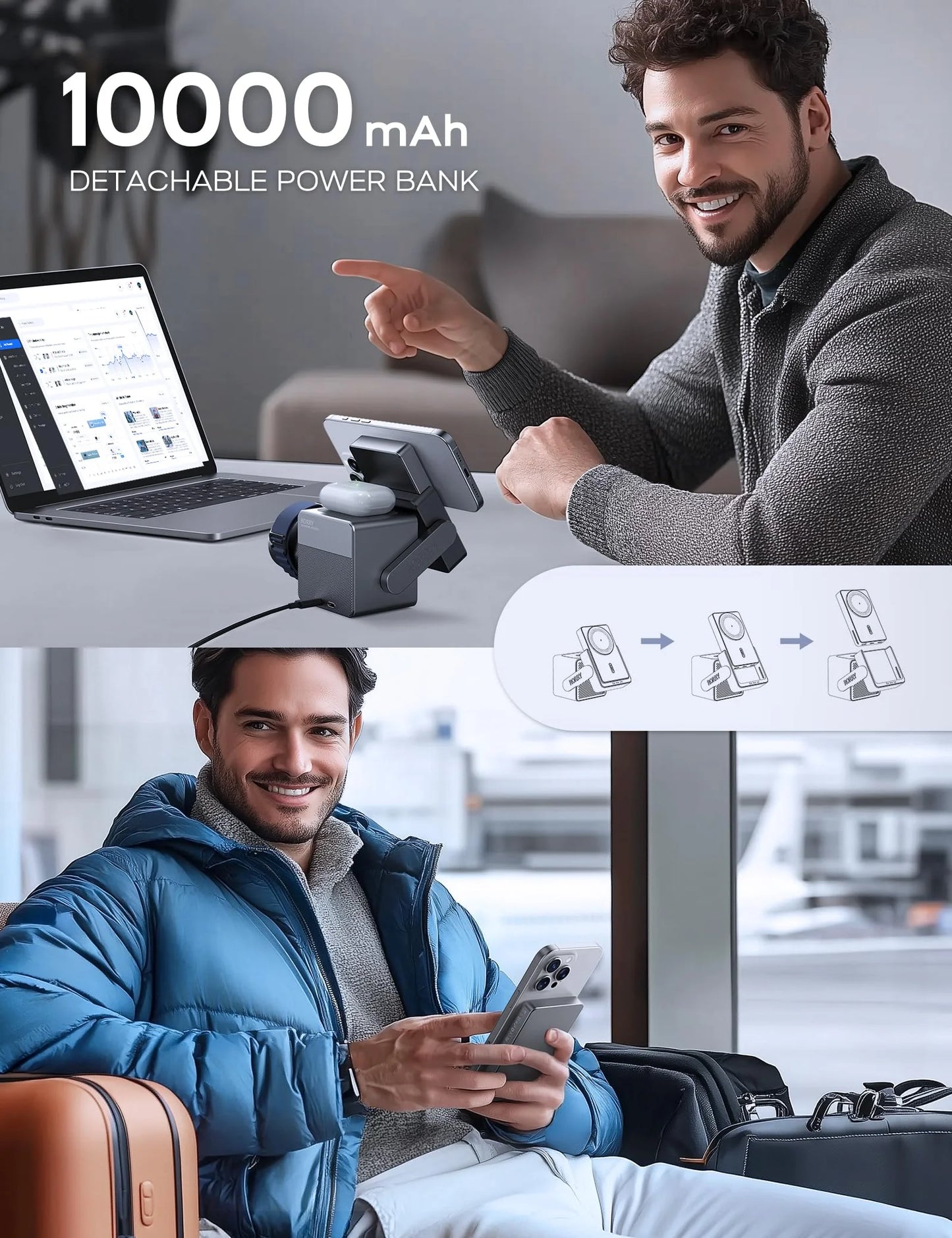 4 in 1 Wireless Charging Station Cube with 10000Mah Power Bank, 15W Fast Charger Stand Compatible with Iphone 16/15/14 & Apple Watch & Airpods (45W USB C Charger Adapter Included)