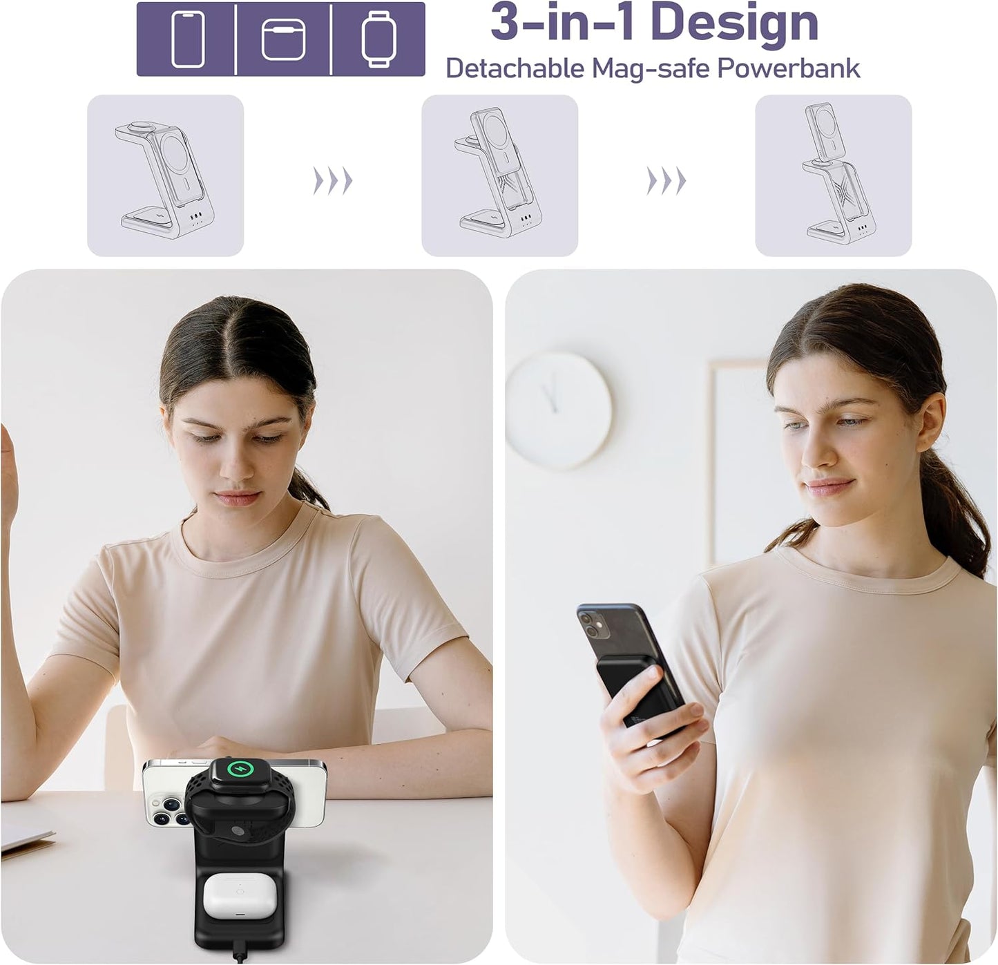 Ultimate 3-in-1 Wireless Charging Station with 5000mAh Removable Power Bank for iPhone, Apple Watch, and AirPods - Portable Magnetic Battery Pack for All Your Apple Devices