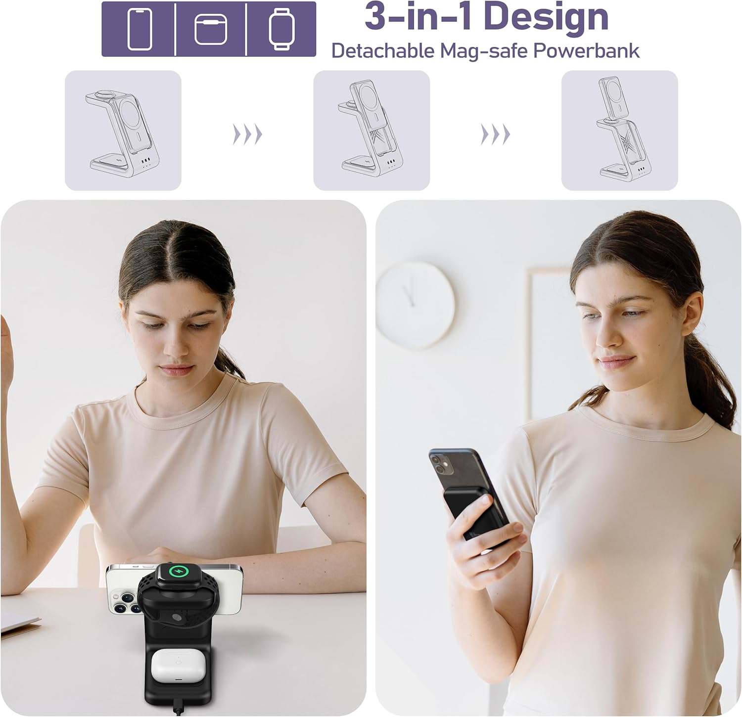 Ultimate 3-in-1 Wireless Charging Station with 5000mAh Removable Power Bank for iPhone, Apple Watch, and AirPods - Portable Magnetic Battery Pack for All Your Apple Devices