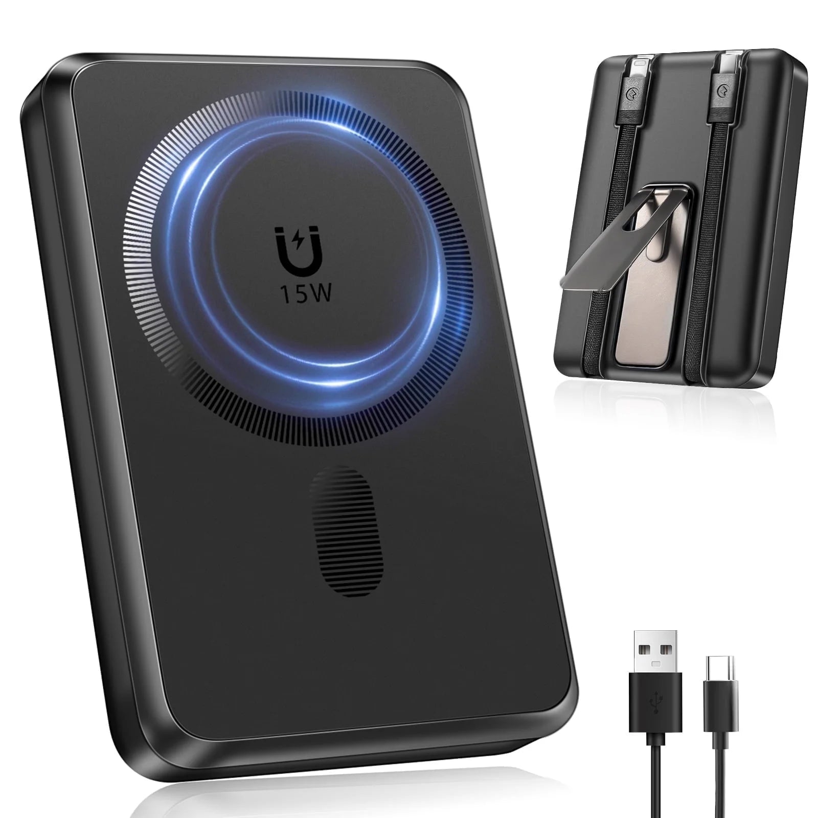 Magnetic Portable Charger, 10000Mah Magsafe Power Bank with Built in USB-C & Lighting Cable, Foldable Stand 22.5W Fast Charging Battery Pack for Iphone 16/15/14/13/12 Series, Black