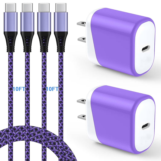 Android Fast Charger Block,20W 2PACK USB C Cable with 2PACK Type C Charger Fast Charging Cable 10Ft 10 Feet, Usb C to Usb C Cable 6Ft for High Speed Android Iphone 15 Charger Cord Usb C