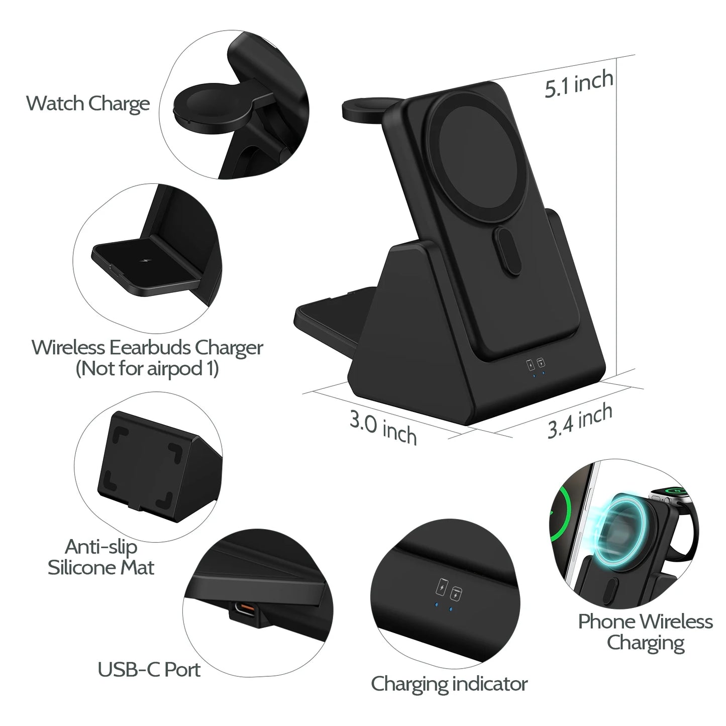 Wireless Charging Station 3 in 1 Portable 5000Mah Power Bank Magsafe for Iphone Apple Watch