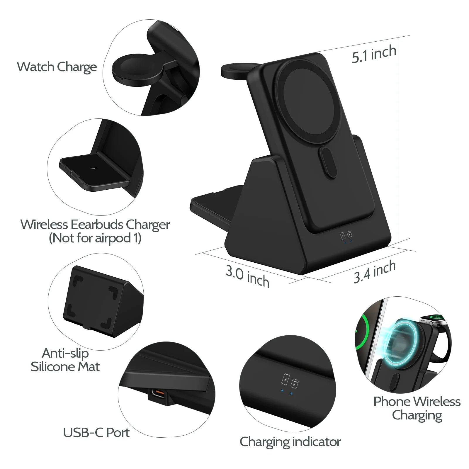 Wireless Charging Station 3 in 1 Portable 5000Mah Power Bank Magsafe for Iphone Apple Watch