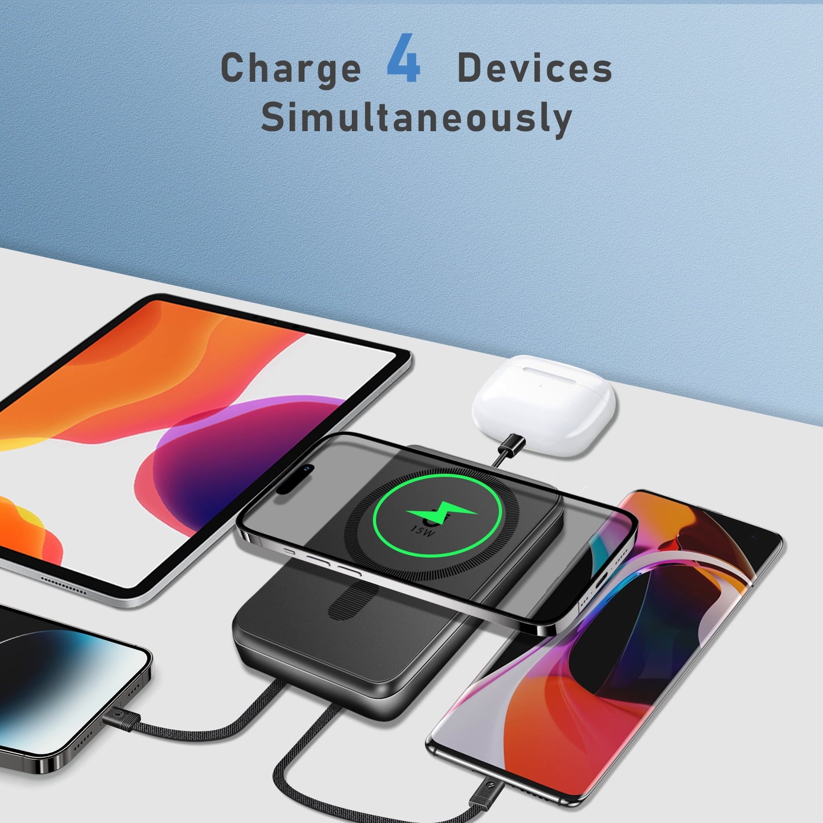 Magnetic Portable Charger, 10000Mah Magsafe Power Bank with Built in USB-C & Lighting Cable, Foldable Stand 22.5W Fast Charging Battery Pack for Iphone 16/15/14/13/12 Series, Black