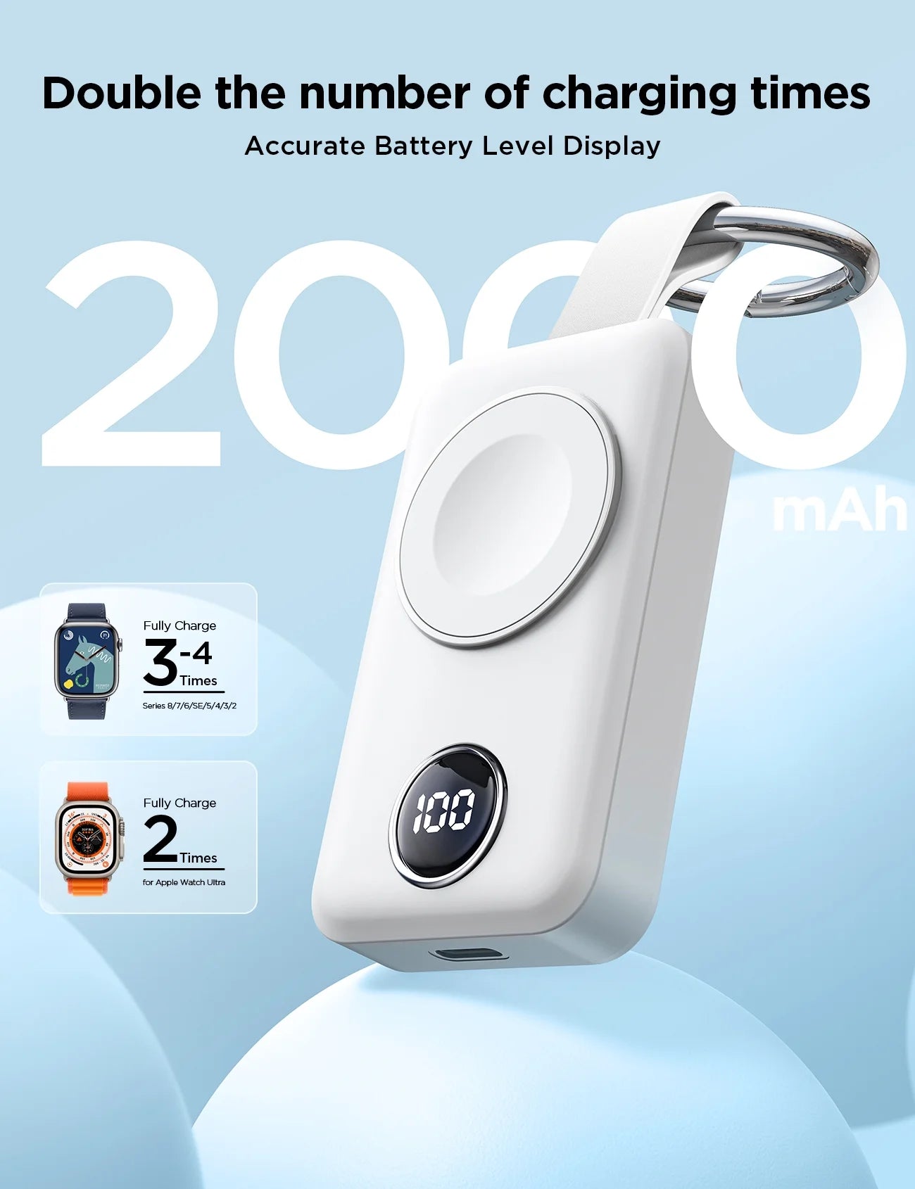 Portable Charger for Apple Watch, 2000Mah Magnetic Wireless Power Bank Fast Charger Keychain, Compatible for Iwatch Series 11/10/9/8/7/6/5/Se/4/3/2/Ultra, White