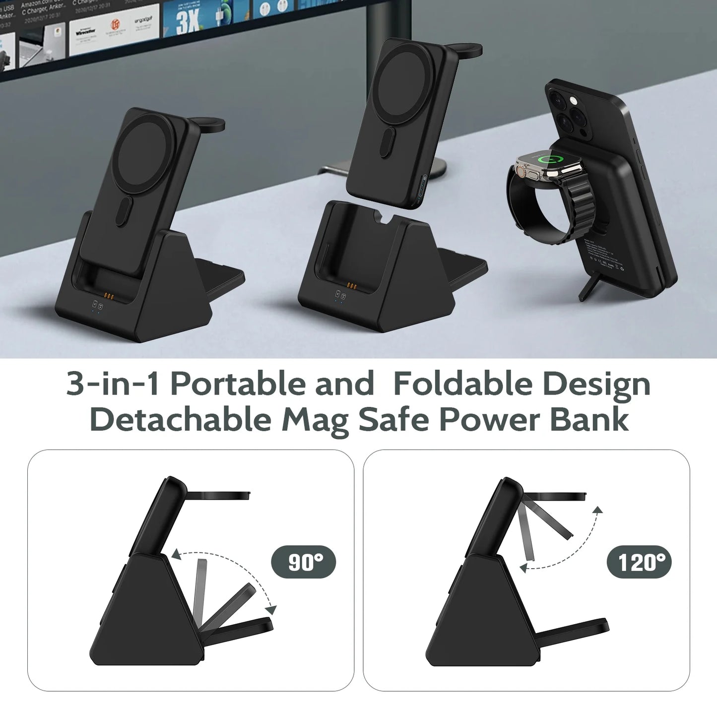 Wireless Charging Station 3 in 1 Portable 5000Mah Power Bank Magsafe for Iphone Apple Watch